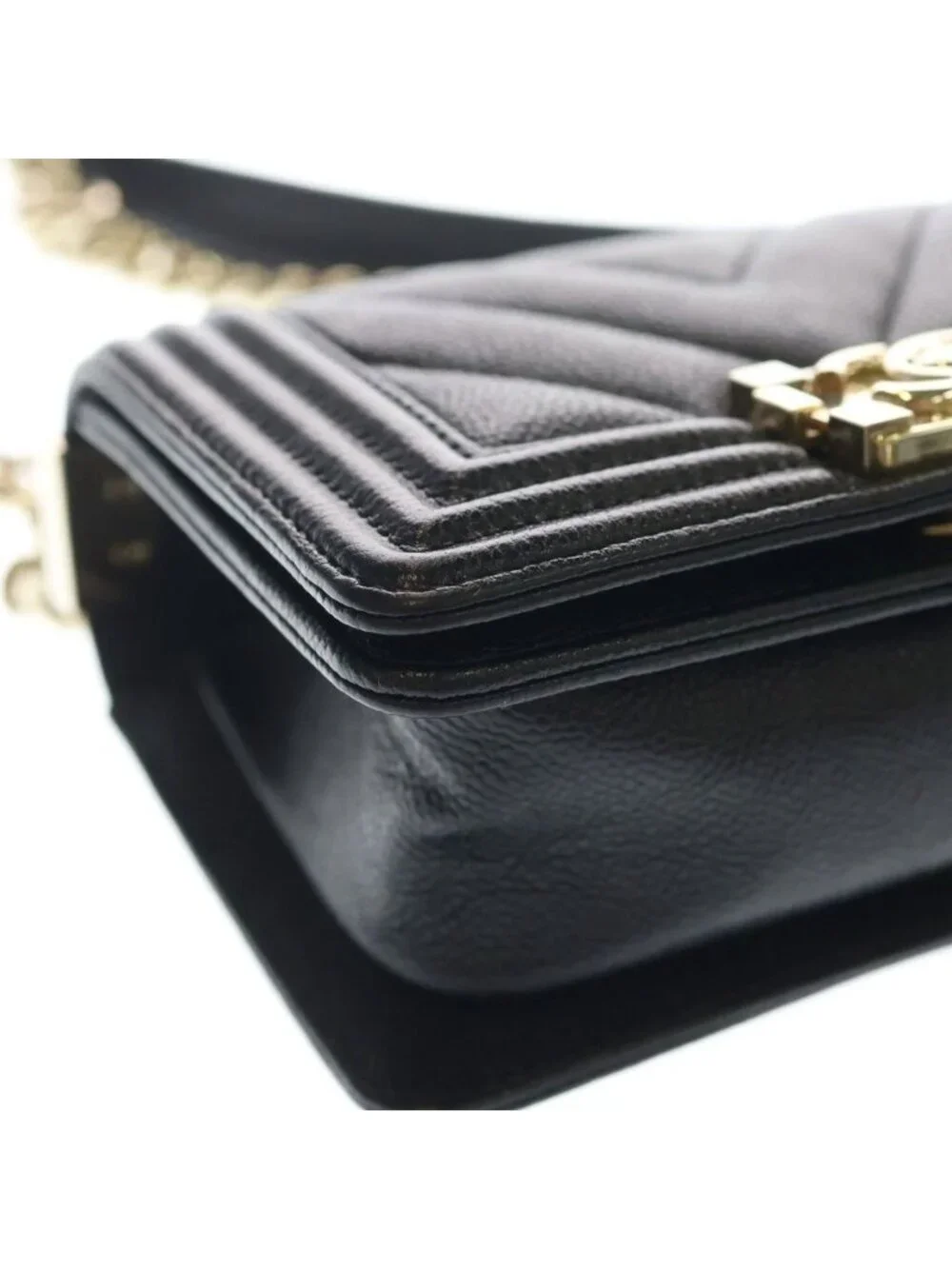 Chanel Boy Mini Chez Blanc Stitch Caviar Leather Gold Chain Shoulder Bag Plate